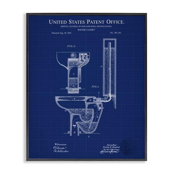Stupell Industries Industrial Water Closet Blueprint Black Framed Giclee Art, 11 x 14, by Karl Hronek
