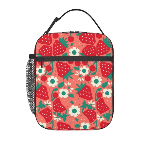 Strawberry Insulated Lunch Box Portable Handheld Reusable Cooler Handbag Front Pocket Cartoon Pattern Travel Work Office