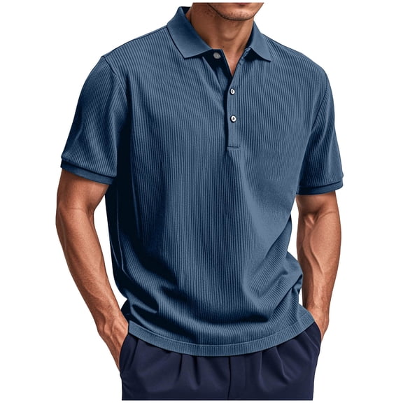 Ohufall Big and Tall T-shirts for Men Ribbed Button Turn-down Collar Casual Tees Short Sleeve Loose Summer Tops