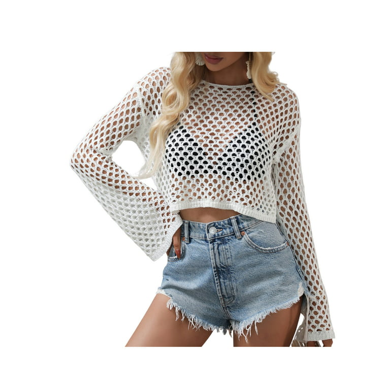 wybzd Women Hollow Out Sweater Pullover Long Sleeve Crohet Knit Crop Top  Mesh Knitted Pullover Tops White S 