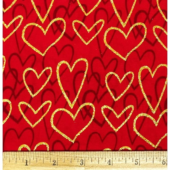 1 Fat Quarter - Gold Glitter Hearts on Red Cotton Fabric - 21" X 18"