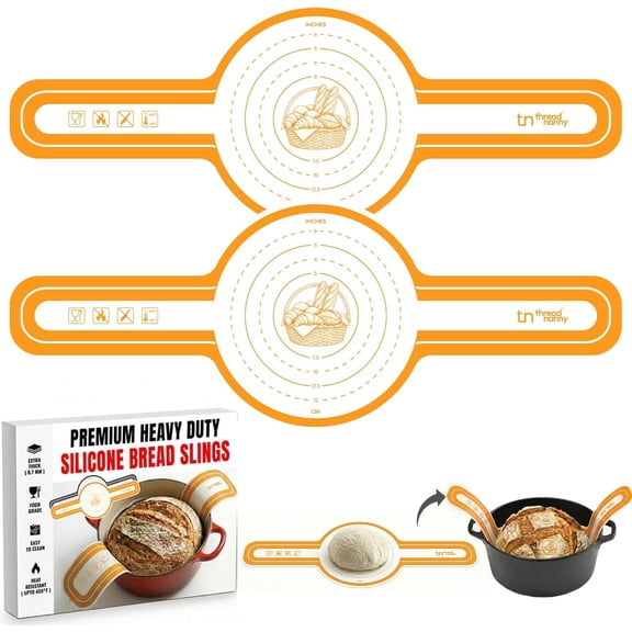 ThreadNanny Silicone Bread Sling for Dutch Oven, 2 Pcs Round Nonstick Reusable Baking Mat — 480°F Heat Resistant Sourdough Sling, Pan Liner & Bread Baking Supplies (Orange)