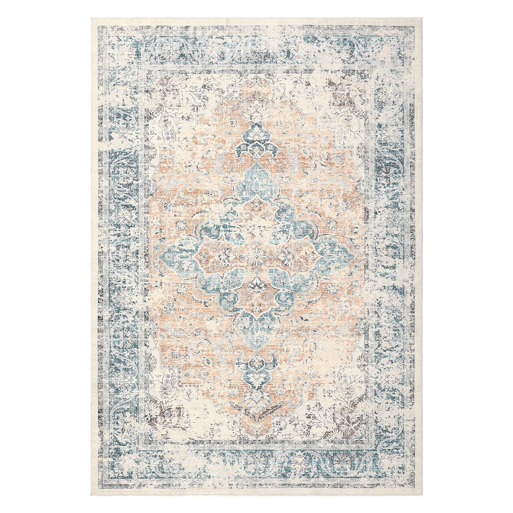 GlowSol 9' x 12' Area Rug Large Vintage Floral Print Rug Machine Washable Accent Rugs for Living Room Bedroom, Light Orange/Multi