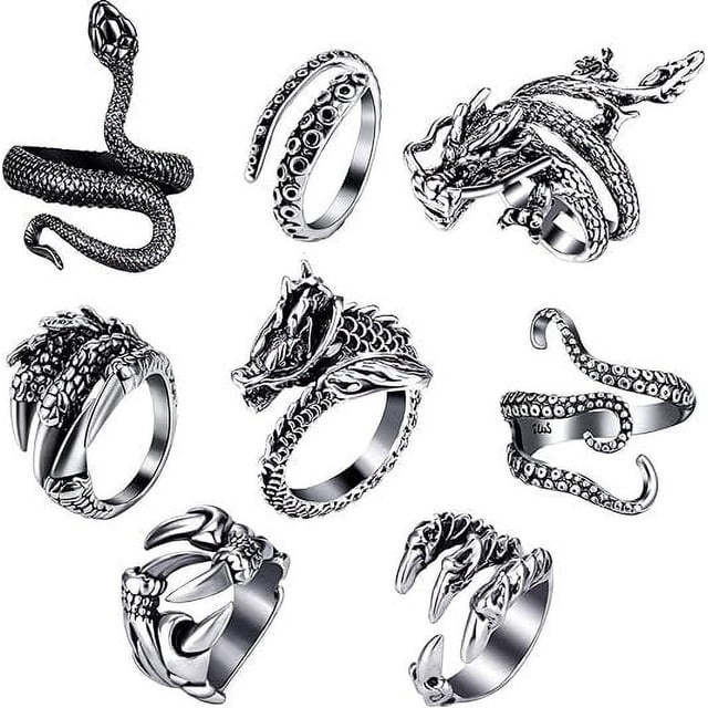 8 Piezas Anillos Punk Vintage Dragón Serpiente Pulpo Retro Anillo Ajustable Abierto Conjunto de Anillo de Apertura Ajustable Estilo Punk