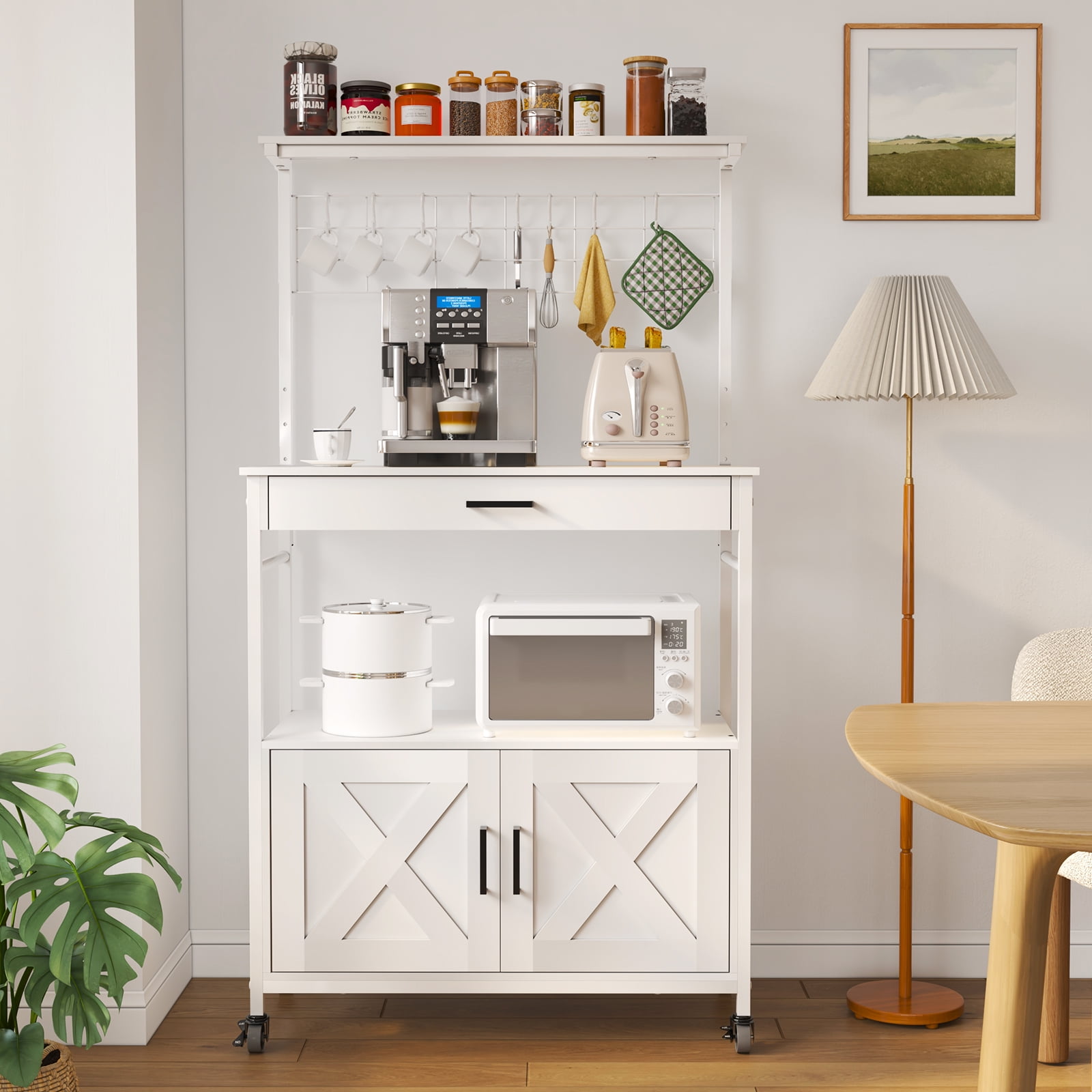 Behost Baker's Racks with Cabinet, Kitchen Adjustable Storage Shelves for Microwave Cart Oven Stand Coffee Bar, White