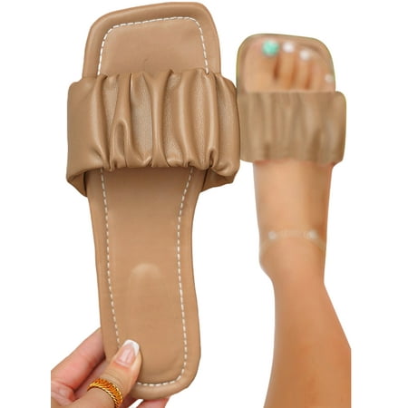 

SIMANLAN Womens Slides Slip On Flat Sandals Backless Ladies Anti Skid Summer Shoes Women s Pleated Slide Slippers Khaki 6.5