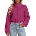 thumbnail image 2 of thefmos Women's Stand Collar Zip Up Cropped Jacket Drawstring Hem Solid Color Casual Winter Coat Fashion Fall Outfit, Wine M, 2 of 6