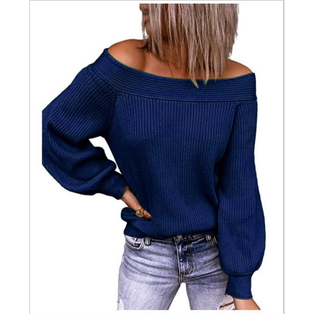 Suéter de punto suelto de talla grande con hombros abiertos Otoño e invierno Cuello de un solo carácter Suéter de color sólido Suéter de mujer europeo y americano