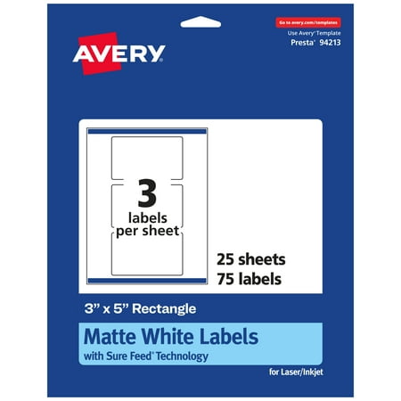 UPC: 0194793021356 | Avery Matte White Rectangle Labels with Sure Feed  3  x 5   75 Matte White Printable Labels