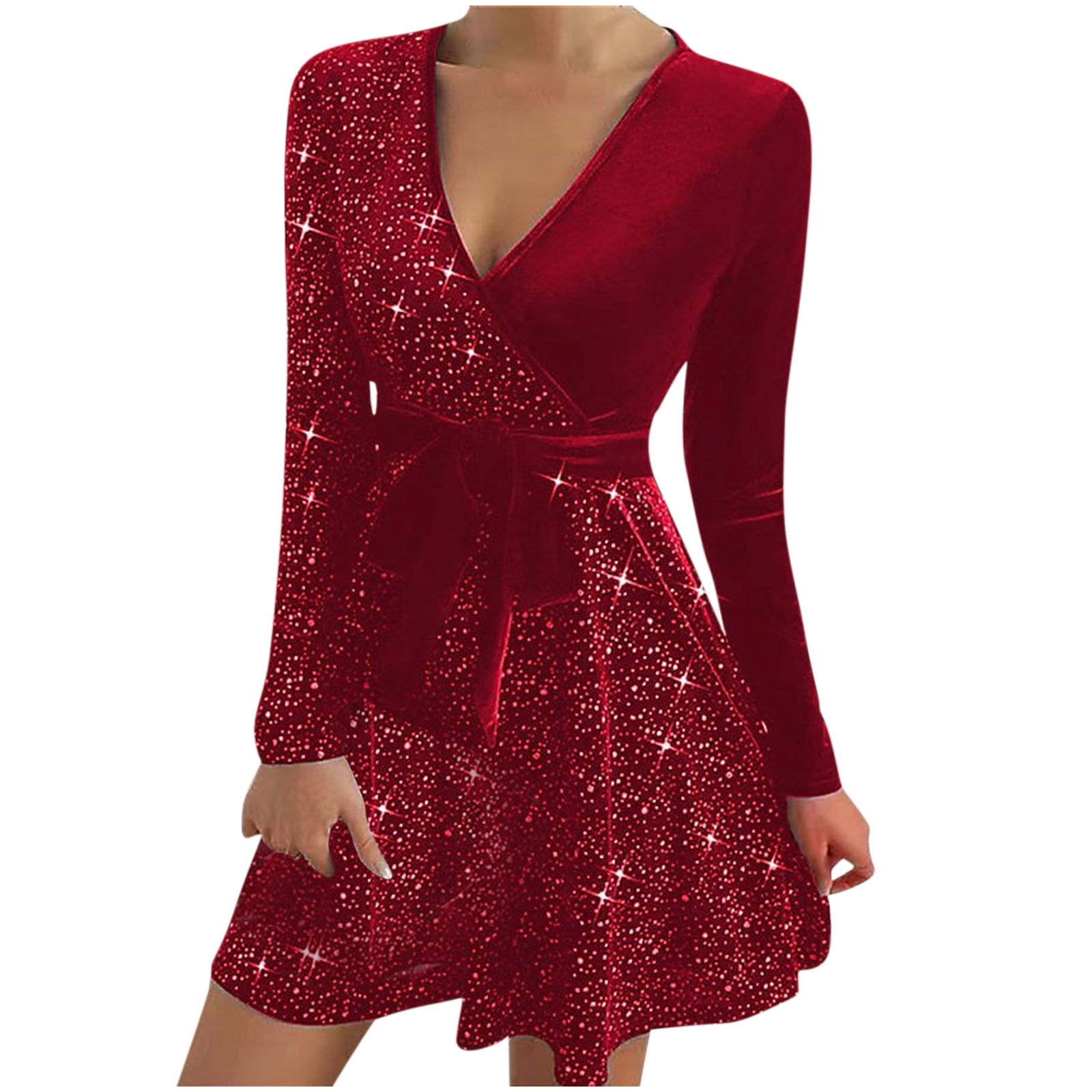 OSFVNOXV Velvet Dress for Women Rhinestone Glitter Sparkly V-Neck A-Line Ruffle Swing Mini Dress