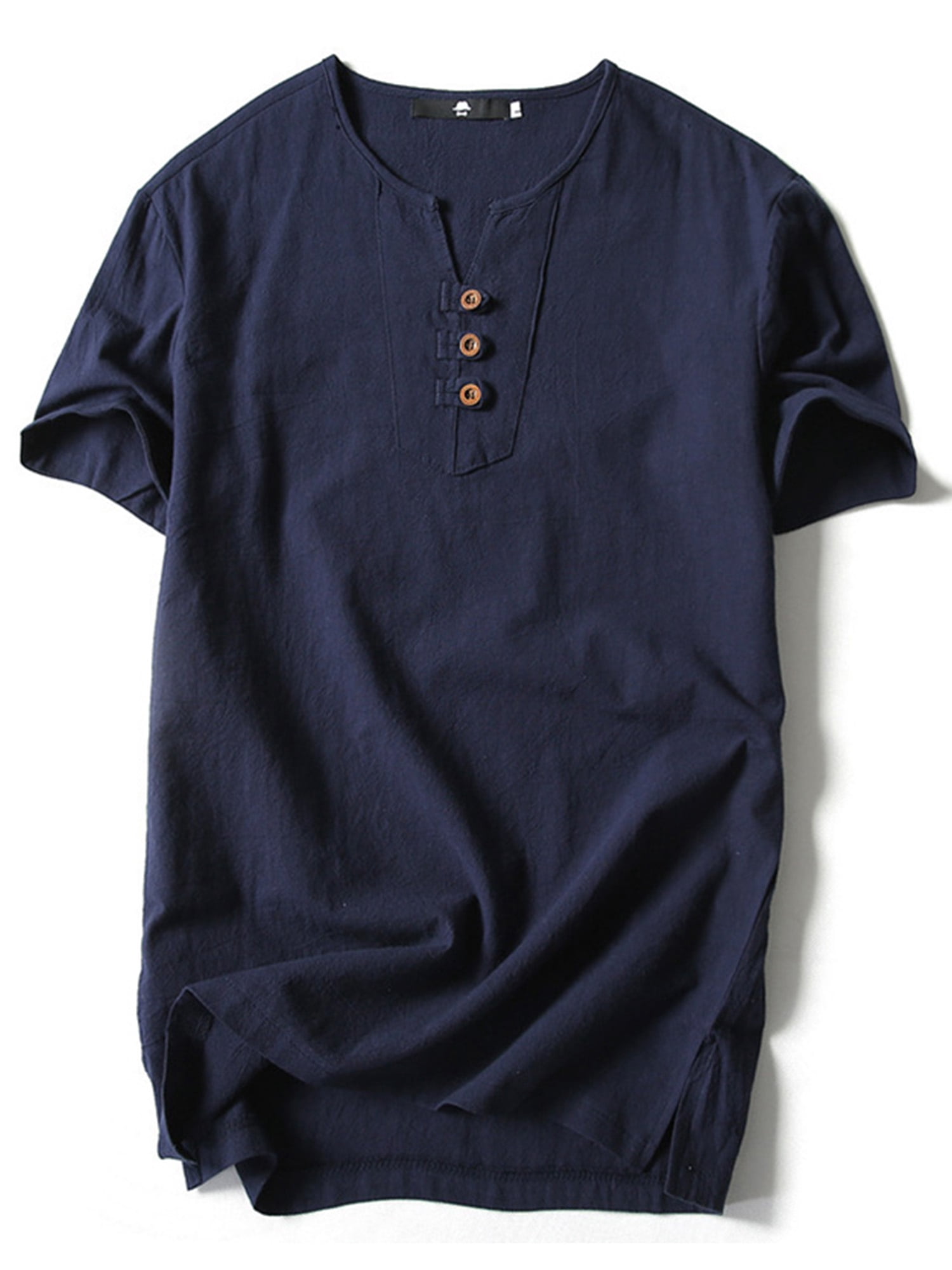 UKAP T-Shirts en Coton et Lin pour Hommes Style Rétro Tunique de Travail Simple Bleu Marine-3 5TG