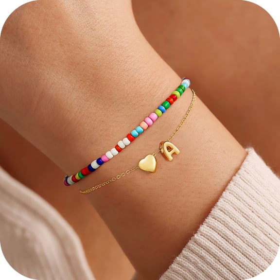 Turandoss 14K Gold Plated Dainty Layered Initial Beaded Bracelets for Women Girls Cute Heart Charm Colorful Beads Letter A-Z Jewelry Trendy Personalized Birthday Gifts for Teen Girl