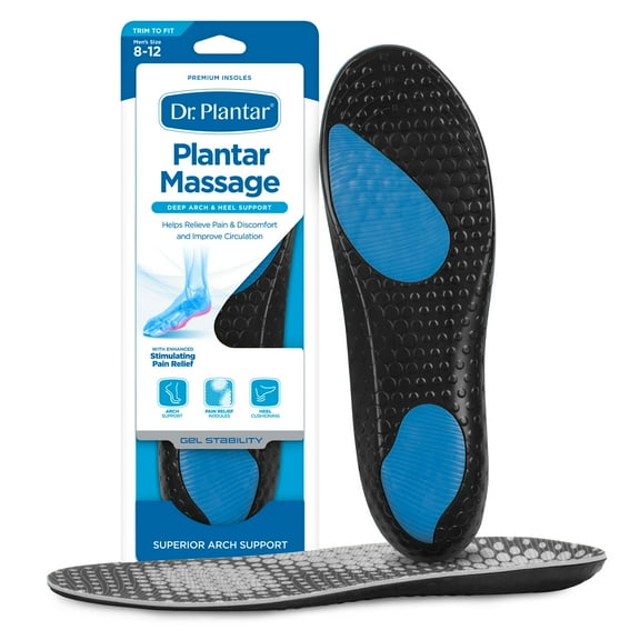 Dr. Plantar Massaging Gel Insoles for Men, Memory Foam, Arch Support & Acupressure Massage, Sizes 8-12, Trim to Fit