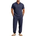 thumbnail image 2 of hotojiny Mens Summer 2 Piece Set Button Collared Short Sleeve Golf Shirt Cinch Bottoms Cargo Pants Walking Casual Outfits(Navy,Small), 2 of 7