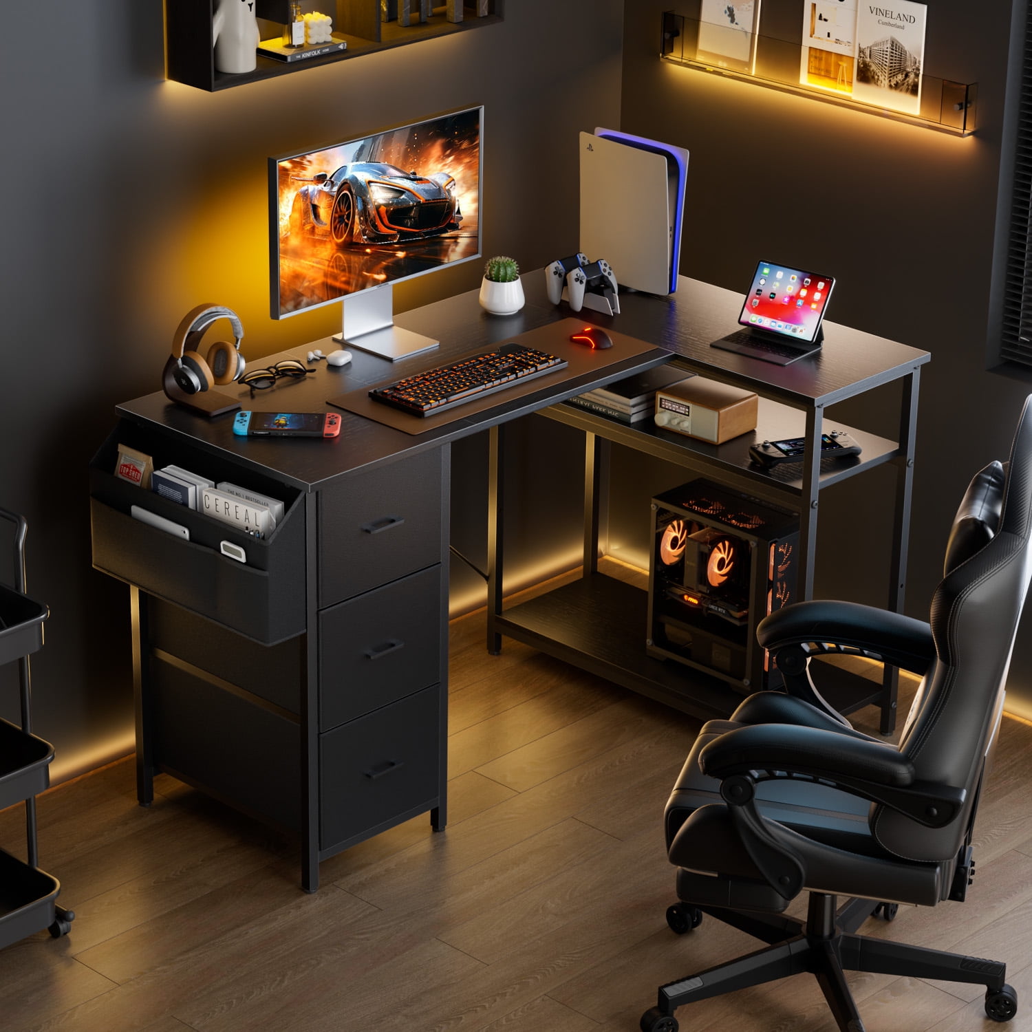 HLDIRECT L Shaped Computer Desk with Drawers & Storage Shelves, 55 inch Corner Desk for Home Office and Bedroom, Black