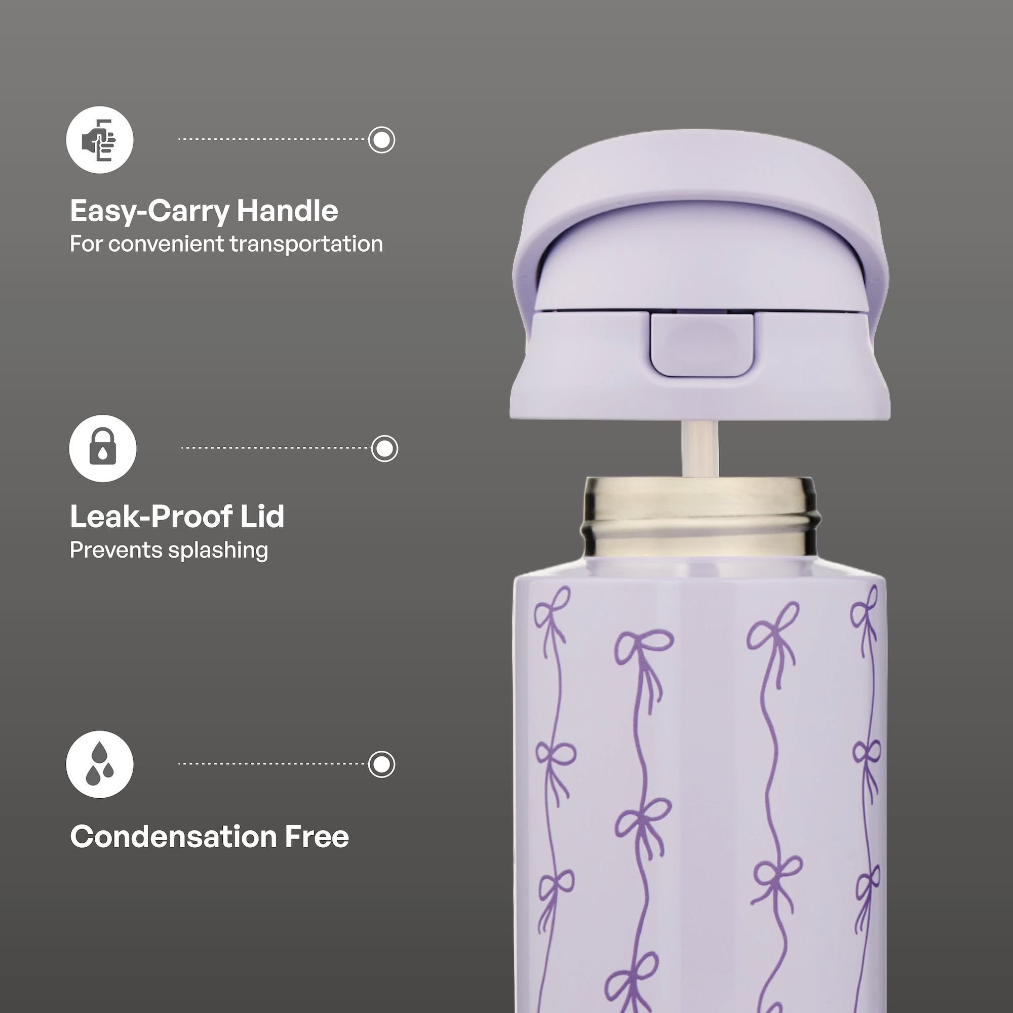 TAL Insulated Water Bottle 24oz Purple Bows 2-in-1 Lid photo 4