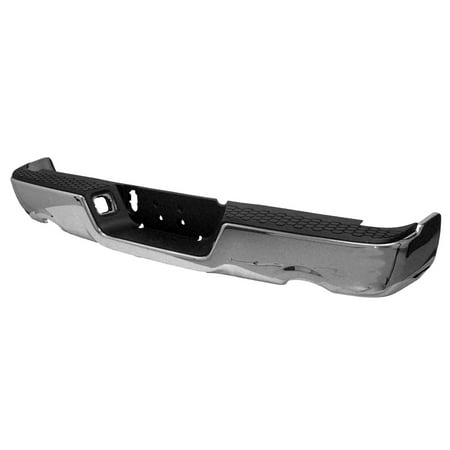 REAR STEP BUMPER ASSEMBLY; CHROME FINISH; FOR 1500 MODELS WITH DUAL EXHAUST; WITHOUT PARK ASSIST SENSOR HOLES; INCLUDES BUMPER/PAD/BOTH