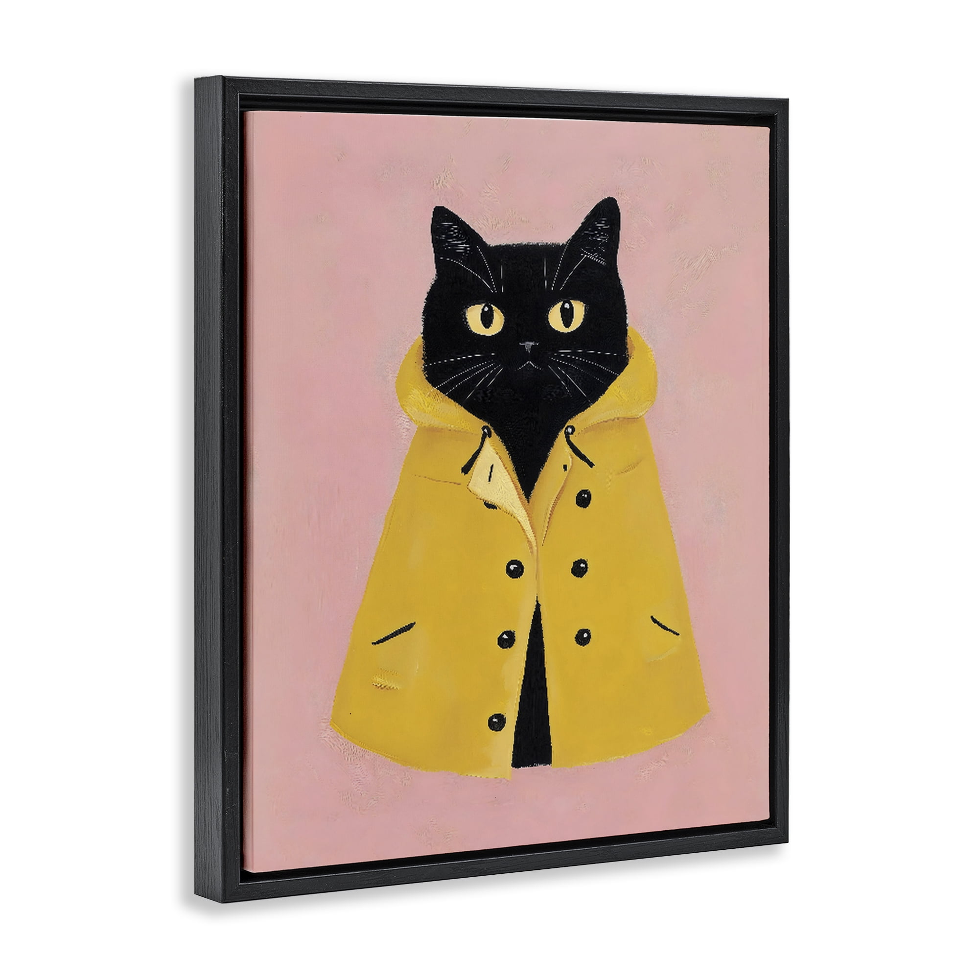 Stupell Industries Black Cat in Yellow Raincoat Black Framed Floater Canvas Wall Art, design by The Prints Vibe