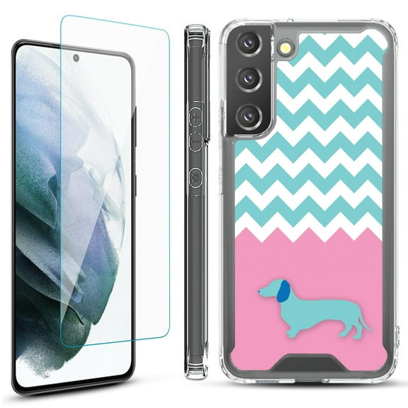 Shockproof Bumper Phone Case for Samsung Galaxy S22  / S22 Plus 5G, with Tempered Glass Screen Protector, by OneToughShield ® - Chevron/Dachshund/Puppy