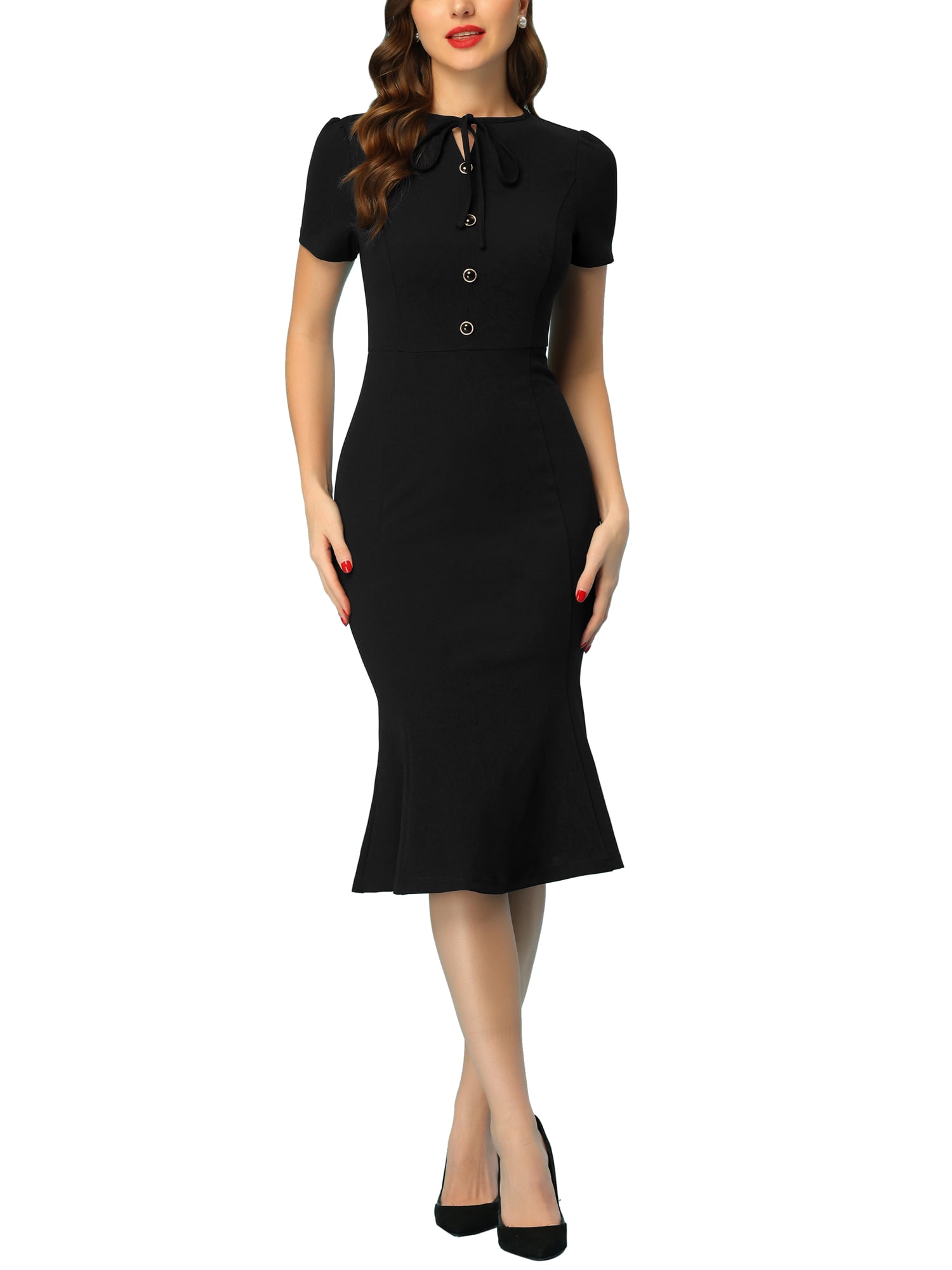 Unique Bargains Women's Vintage Work Short Sleeve Mermaid Bodycon Dress S Black
