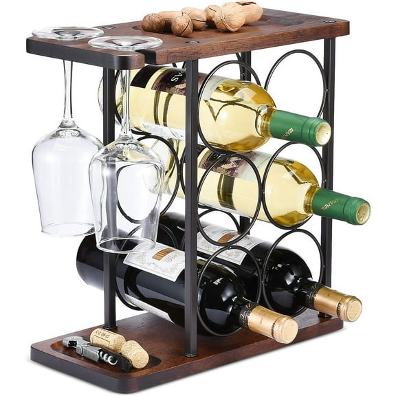 Wine Rack with Glass Holder, Countertop Wine Rack, Wooden Wine Holder with Tray, Perfect for Home Decor & Kitchen Storage Rack etc (Hold 6 Bottles and 2 Glasses)