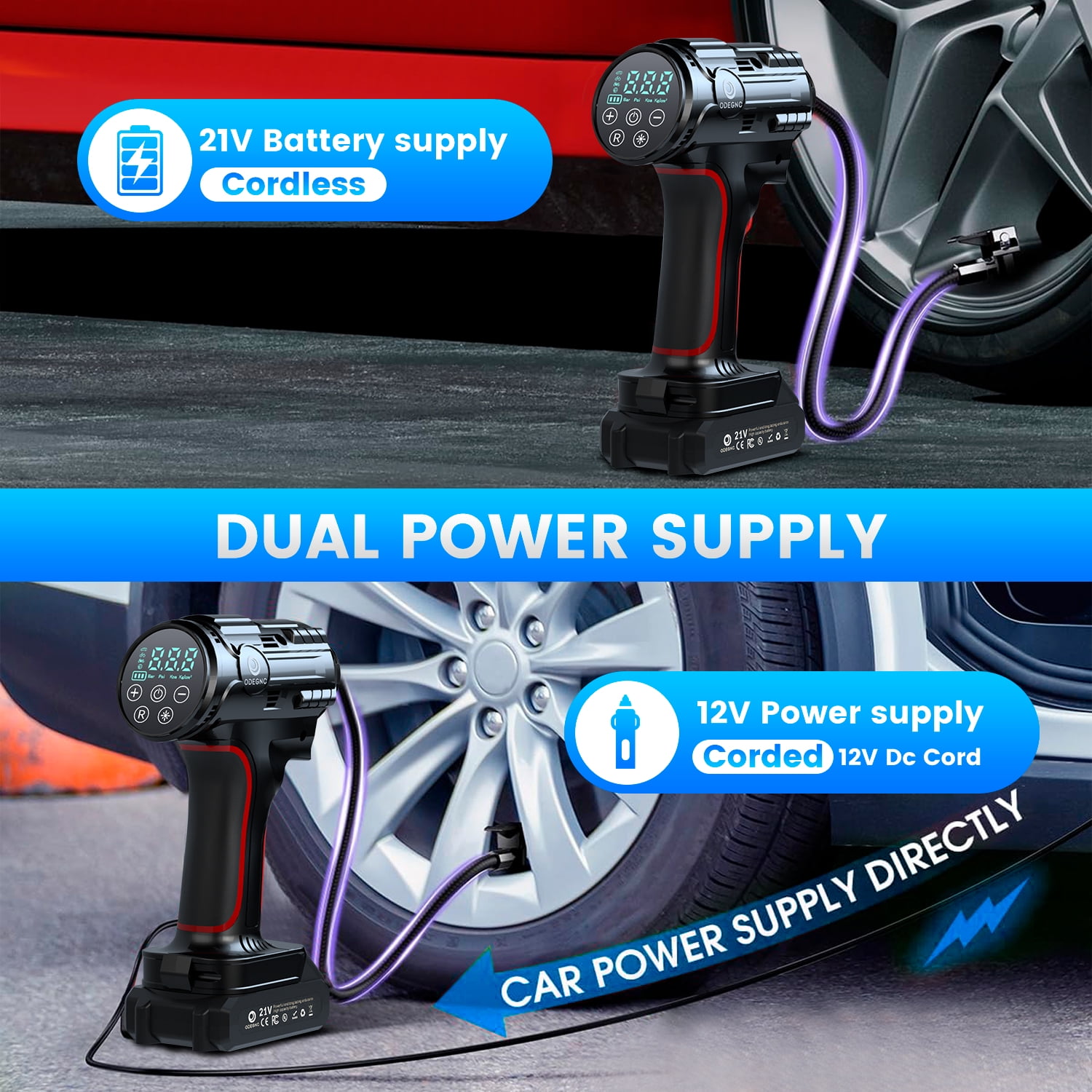 ODEGNC 21V 160PSI Digital Air Compressor Heavy Duty Cordless Tire Inflator 10000mAh 12VDC Portable Car Pump for SUV