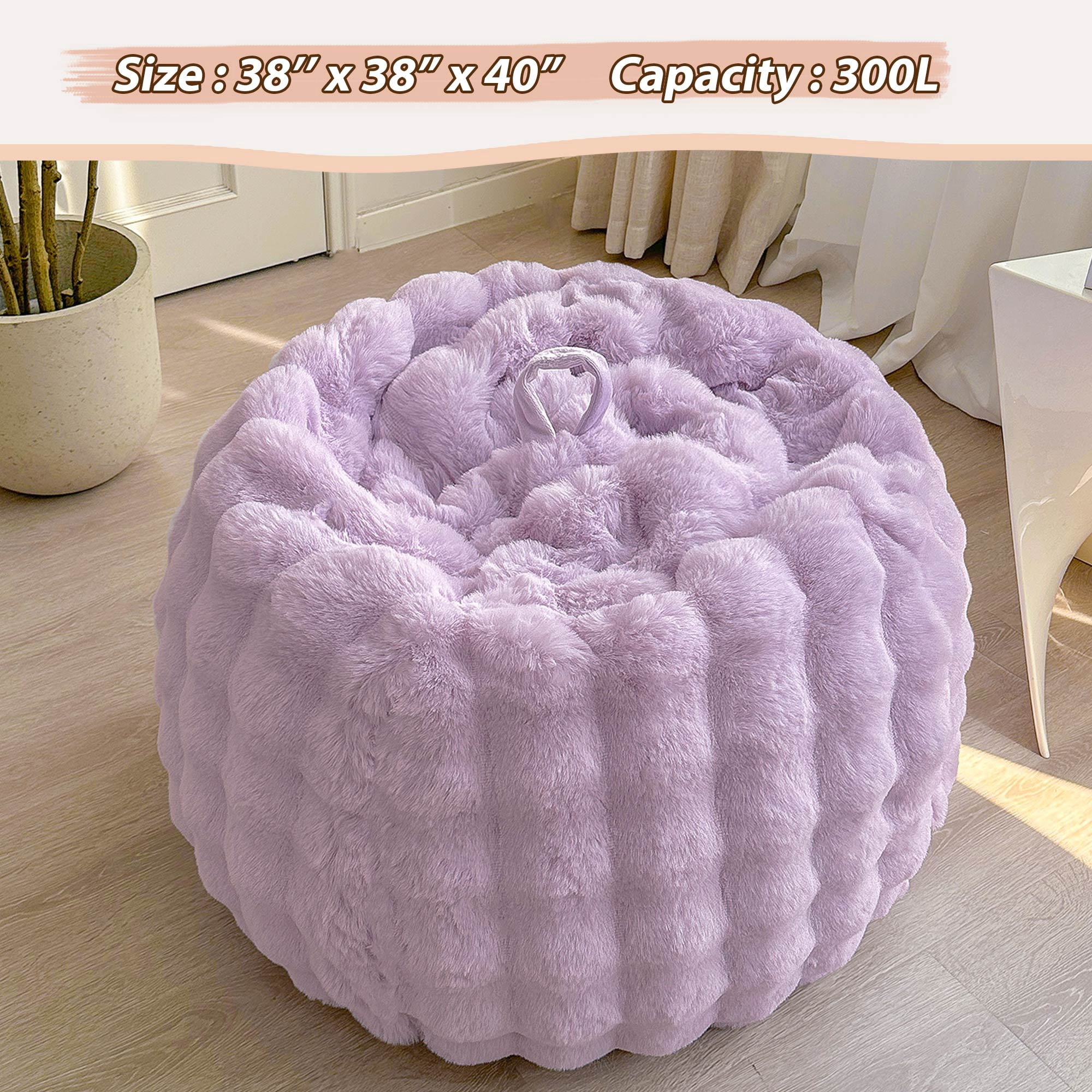 LIFEREVO Fluffy Faux Rabbit Fur Bean Bag Cover (No Filler), Big Fuzzy Stuffed Animal Storage Bubble Waffle Bean Bag Chair for Plush Toys, Comfy Shaggy Furry Beanbag Cover Kids Girls Adults, Lavender