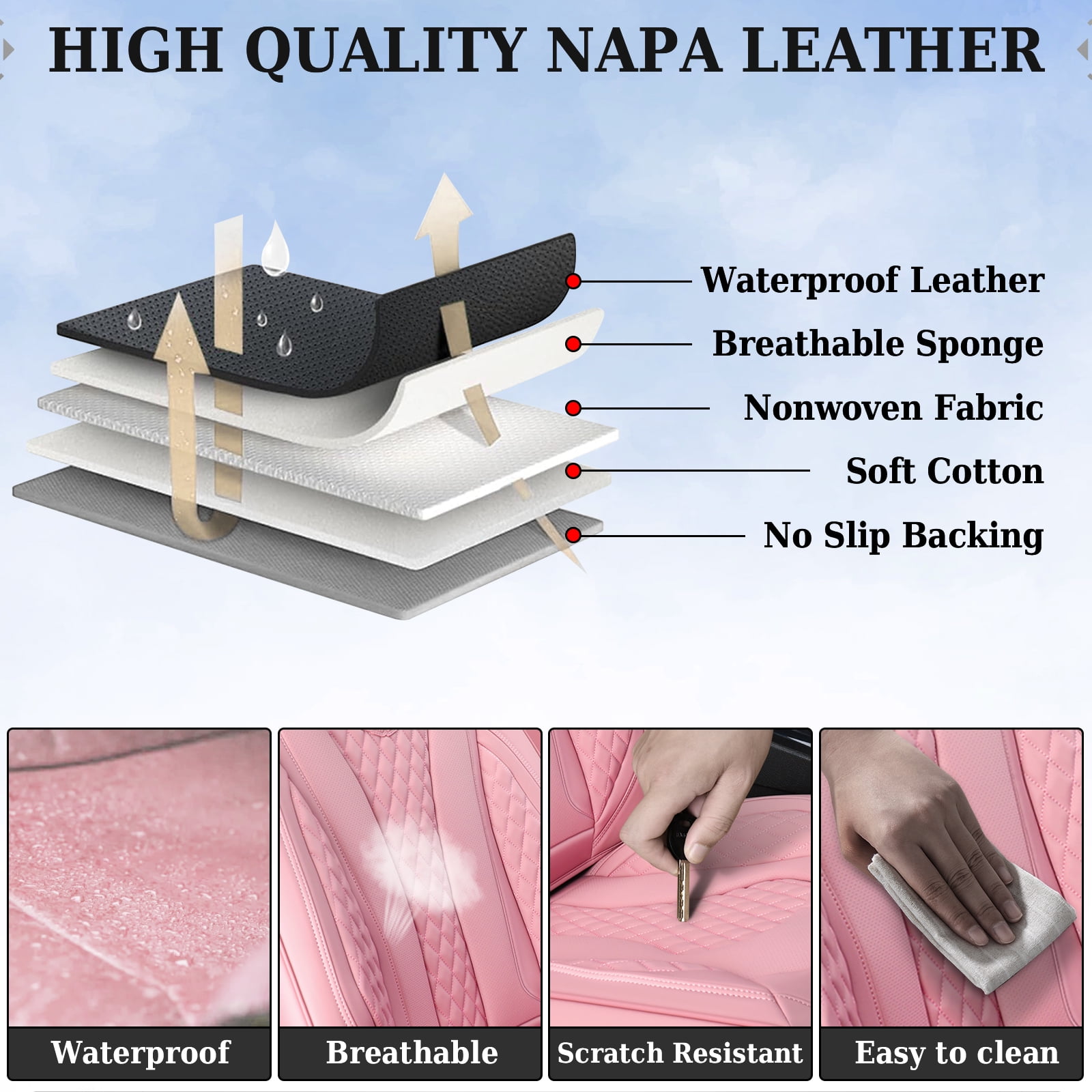 Coverado Car Seat Covers Full Set, Pink Front and Back Automotive Seat Protectors, Universal Leather Auto Cushions Fit for Most Cars, SUVs and Trucks