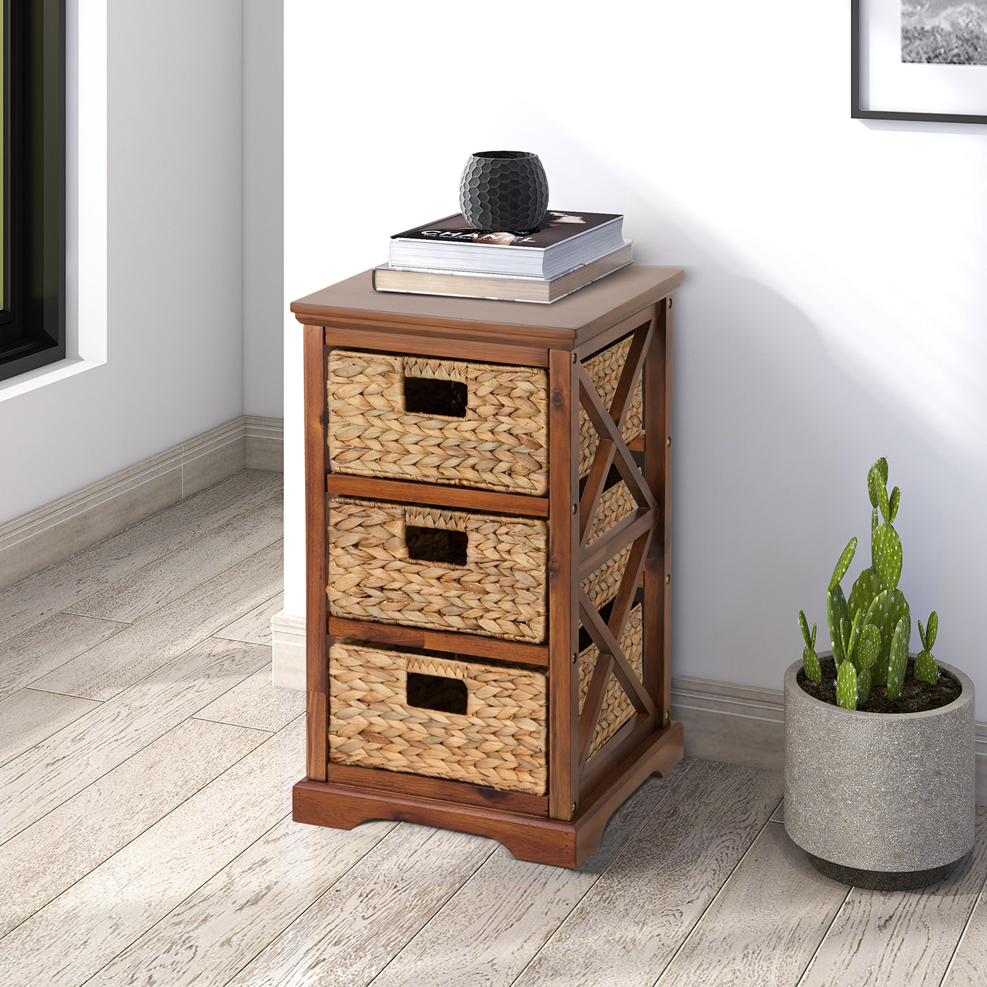 Hampton Meadows 3 Tier X-Side End Storage Cabinet with 3 Wicker Baskets, Walnut