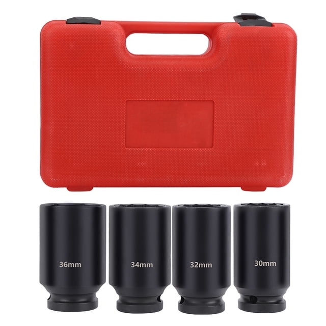 1/2-Inch Drive Impact Socket Set, 4-Piece Chrome Molybdenum Steel Double Hex Sockets (30mm, 32mm, 34mm, 36mm), 3.1-Inch Length, Blackened Rust-Proof Surface, Professional-Grade for Durable, Stable