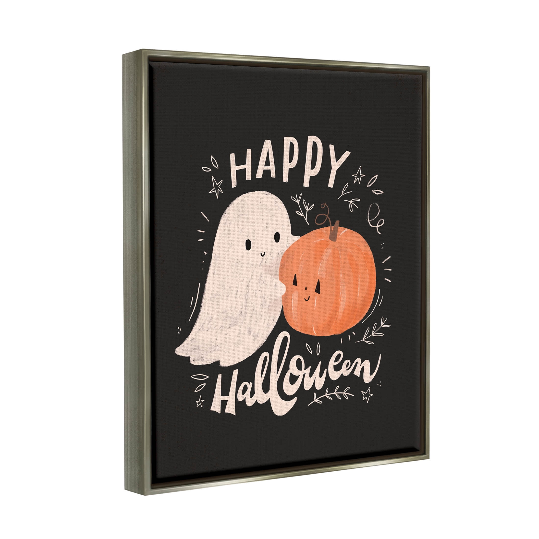 Happy Halloween Smiling Ghost Pumpkin Holiday Graphic Art Luster Gray Framed Art Print Wall Art