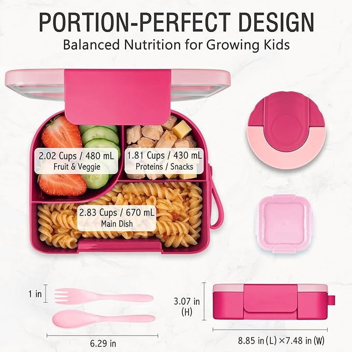Primlect Bento Box, 3-Compartment Kids Lunch Container Set, with Leak-Proof Insulated Food Jar, Pink