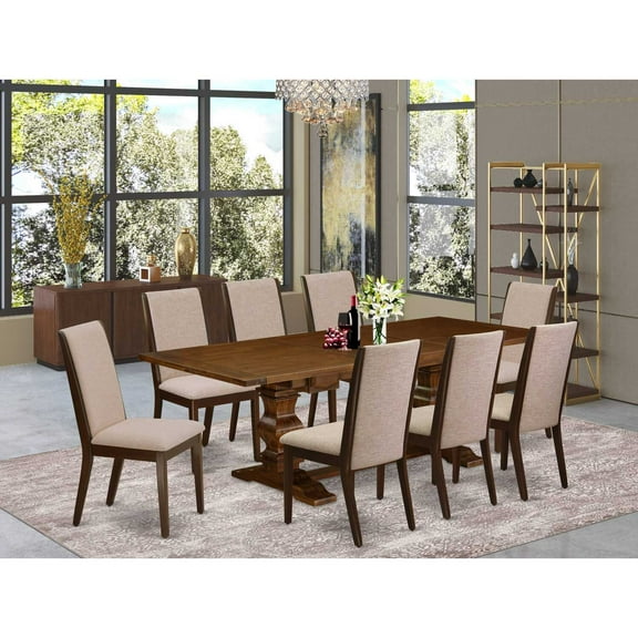 East West Furniture Lassale 9-piece Wood Dining Set in Walnut/Light Tan