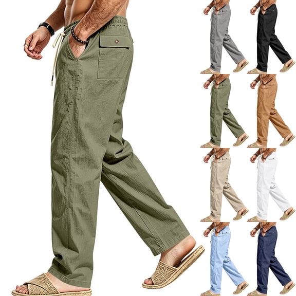Hvogkswy Linen Pants Men, Solid Drawstring Elastic High Waist Casual Long Pants with Pockets Thin Breathable Home Vacation Linen Pants