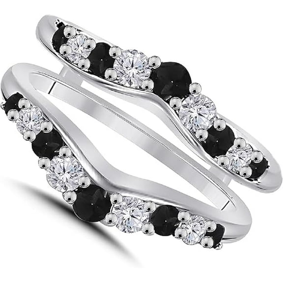 Divine Creation 925 Sterling Silver 2.10 Ct Round Cut Black Diamond Engagement Christmas Thanksgiving Enhancer Wrap Guard Ring 14K White Gold Plated For Women's -8
