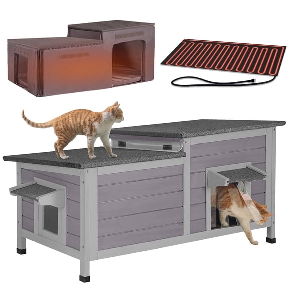 MEDEHOO 39.1"L Heated Cat House with Insulated Liner Outdoor Cat House with Anti-Bite Cable Weatherproof Cat Shelter with Heater Feral Cat House