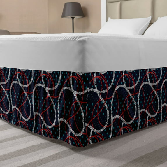 Abstract Bed Skirt, Polka Dots Ropes Nautical Theme Motifs on Dark Tone Backdrop, Elastic Bedskirt Dust Ruffle Wrap Around for Bedding Decor, 4 Sizes, Night Blue Vermilion, by Ambesonne