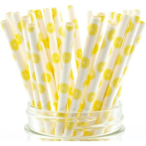 25 Pieces Lemon Theme Paper Straws Disposable Citrus Party Decoration Supplies Summer Drinks Special