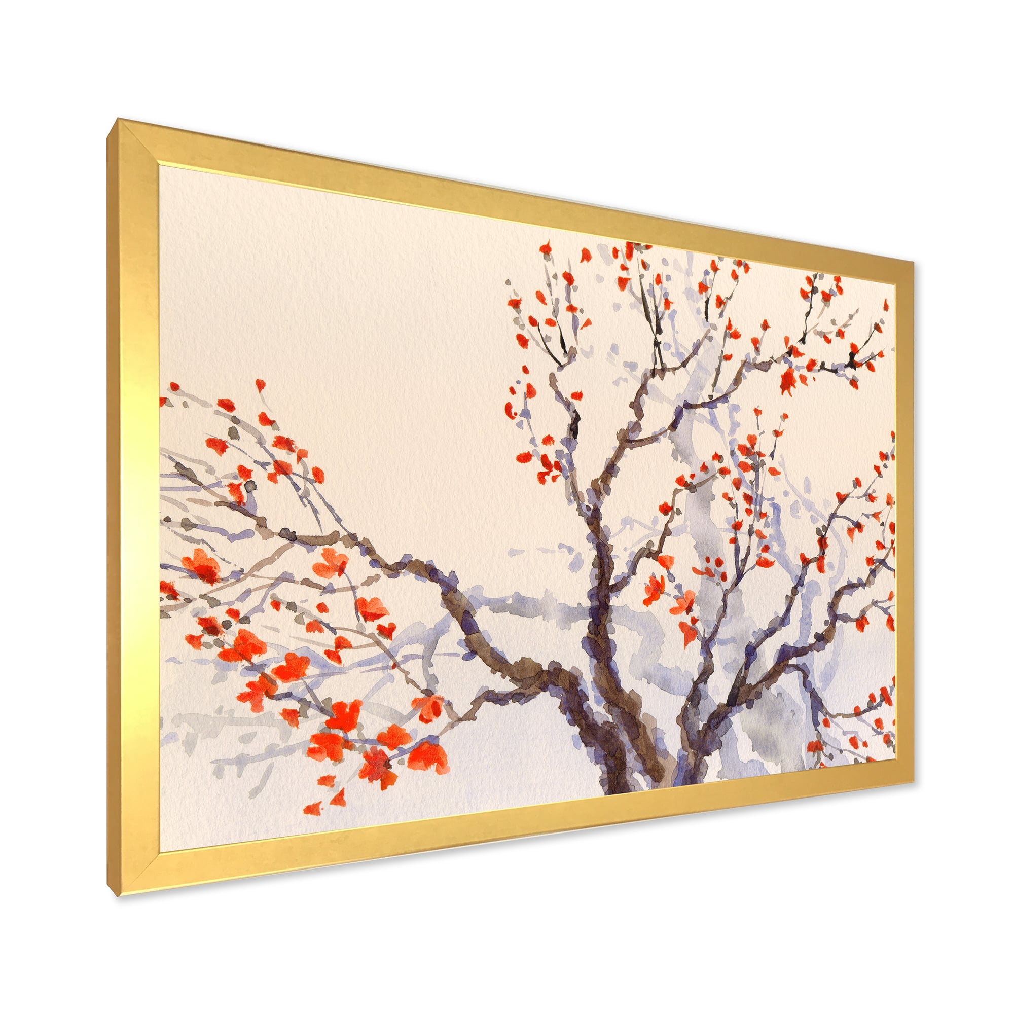 Buds and Red Flowers On The Spring Blossoming Tree 32 in x 16 in Framed Painting Canvas Art Print, by Designart