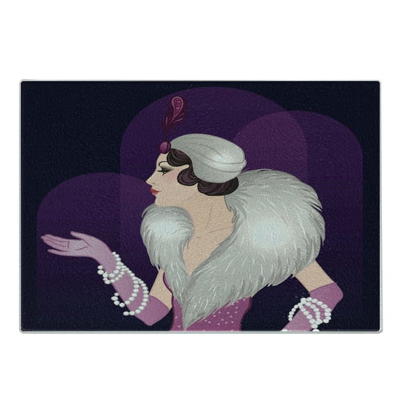 Retro Cutting Board, Vintage Portrait of Young Lady with Fluffy Fur and Pearls Fashion Glamor Pink Gloves, Decorative Tempered Glass Cutting and Serving Board, in 3 Sizes, by Ambesonne