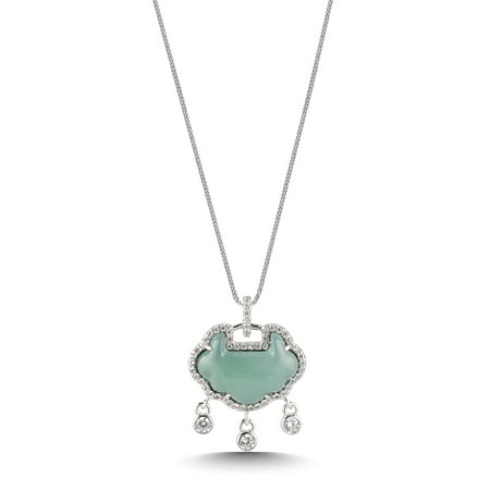 S925 Sterling Silver Feng Shui Lucky Lock Pendant Necklace, Natural Jade & Cubic Zirconia Amulet for Protection, Wealth & Good Fortune Gift for Her