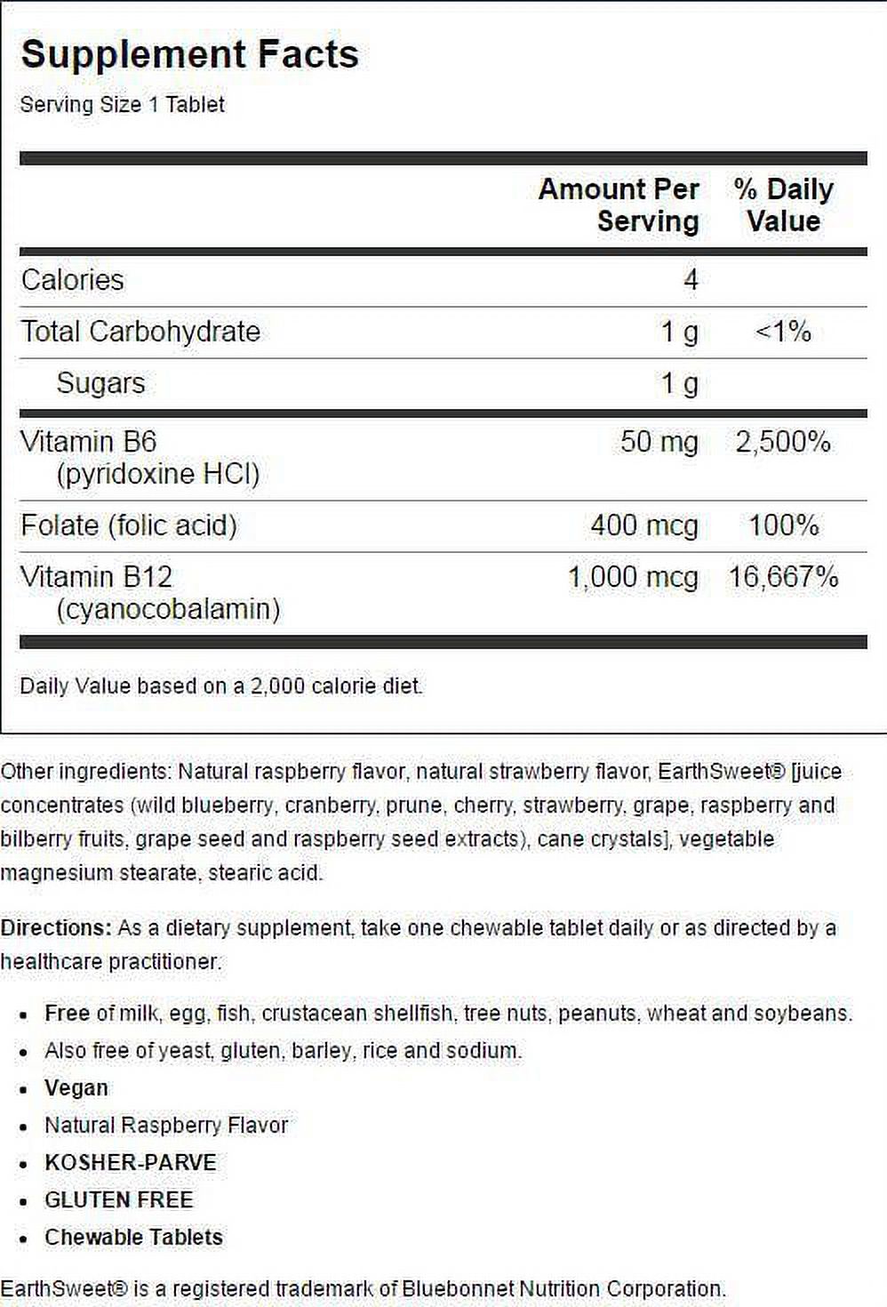 Bluebonnet Nutrition Earthsweet Vitamin B6, B12, plus Folic Acid Chewables, Natural Raspberry, 60 Ct - image 2 of 2