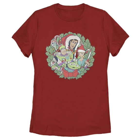 Women's Toy Story Christmas Wreath Characters  Graphic Tee Red Medium
