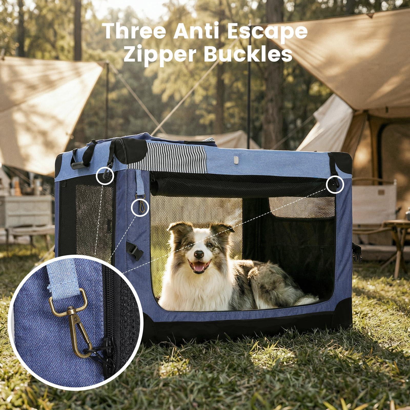 Soft Collapsible Dog Crate - 26 Inch Portable Travel For Puppy/small Dogs Indoor & Outdoor  3-door With Durable Mesh Windows Storage Bag Blue