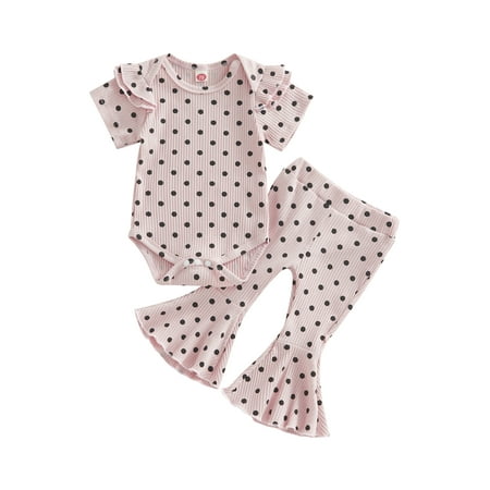 

Qtinghua Newborn Infant Baby Girl Summer Clothes Polka Dots Ruffle Short Sleeve Romper Bodysuit Flared Pants Outfits Pink 12-18 Months
