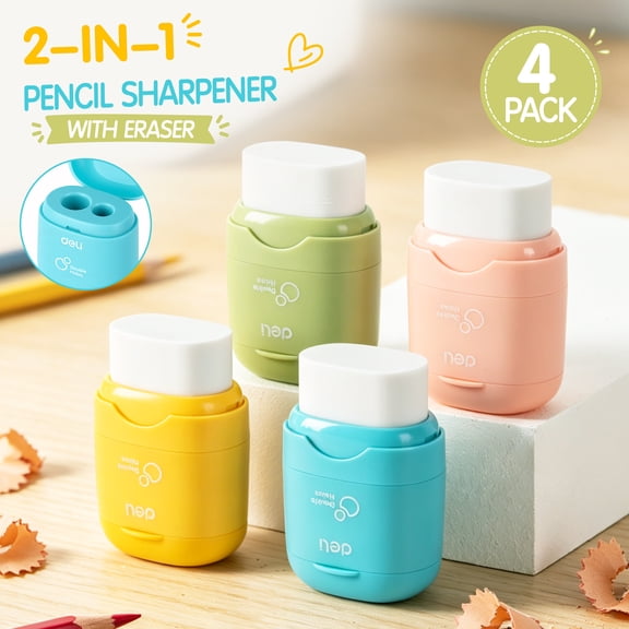 Deli 2-in-1 Manual Pencil Sharpener with Eraser, 4 Pack Portable Handheld Pencil Sharpeners, Pastel Desk & Office Supplies for Standard Pencils