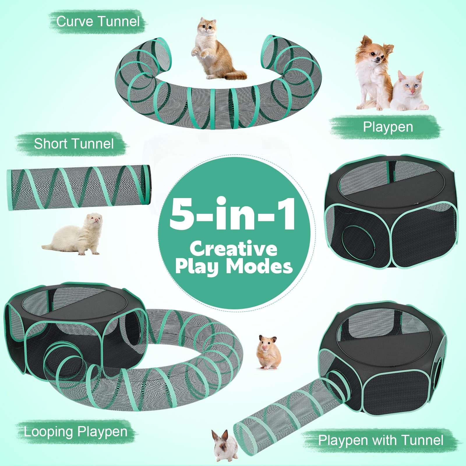 Hutact All-in-1 Pet Playpen with Tunnel for Cats Rabbits Exercise, 47" Portable Cat Playpen with Shade Top for Indoor/Outdoor Travel Small Dog Playpen