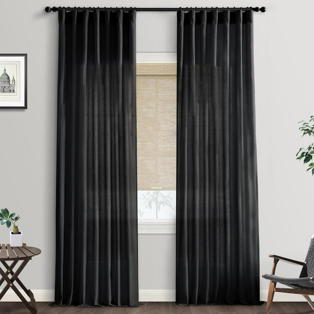 Black Curtains 108 Inches Long for Sliding Glass Door 2 Panels Set Linen Hooks Ceiling Track Pleat Back Tab Semi Sheer Backdrop Curtains 9 Ft Length