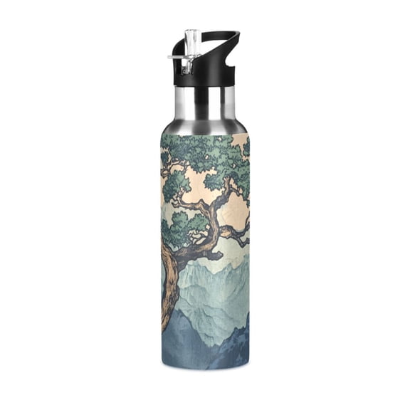 Yayeee 20oz Insulated Water Bottle Double Wall Stainless Steel with Flip Straw Lid, Tree in The Mountains