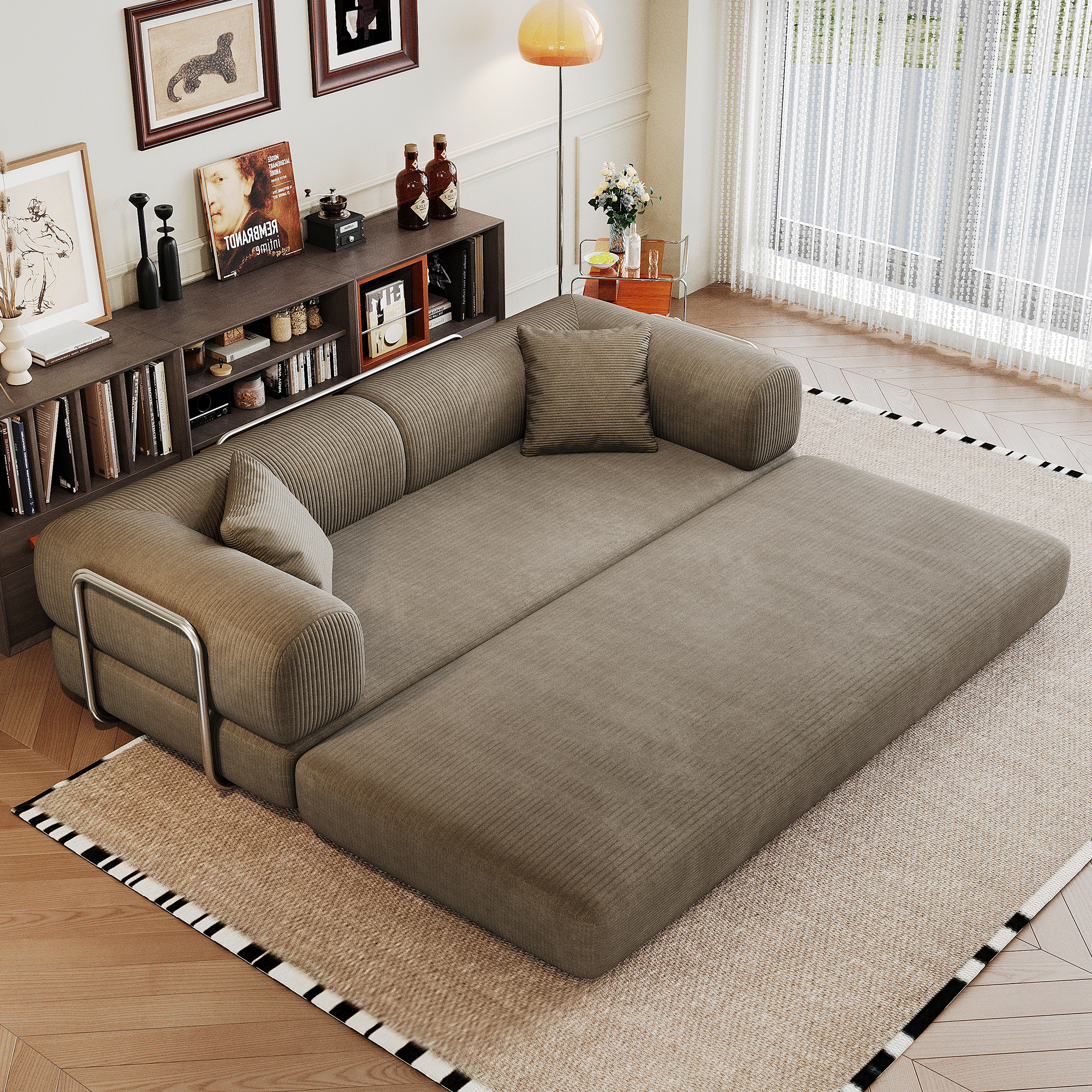 Miniyam 79" Convertible Floor Sofa Bed with Pillow Back Support Armrest for Living Room, Bedroom, Camel